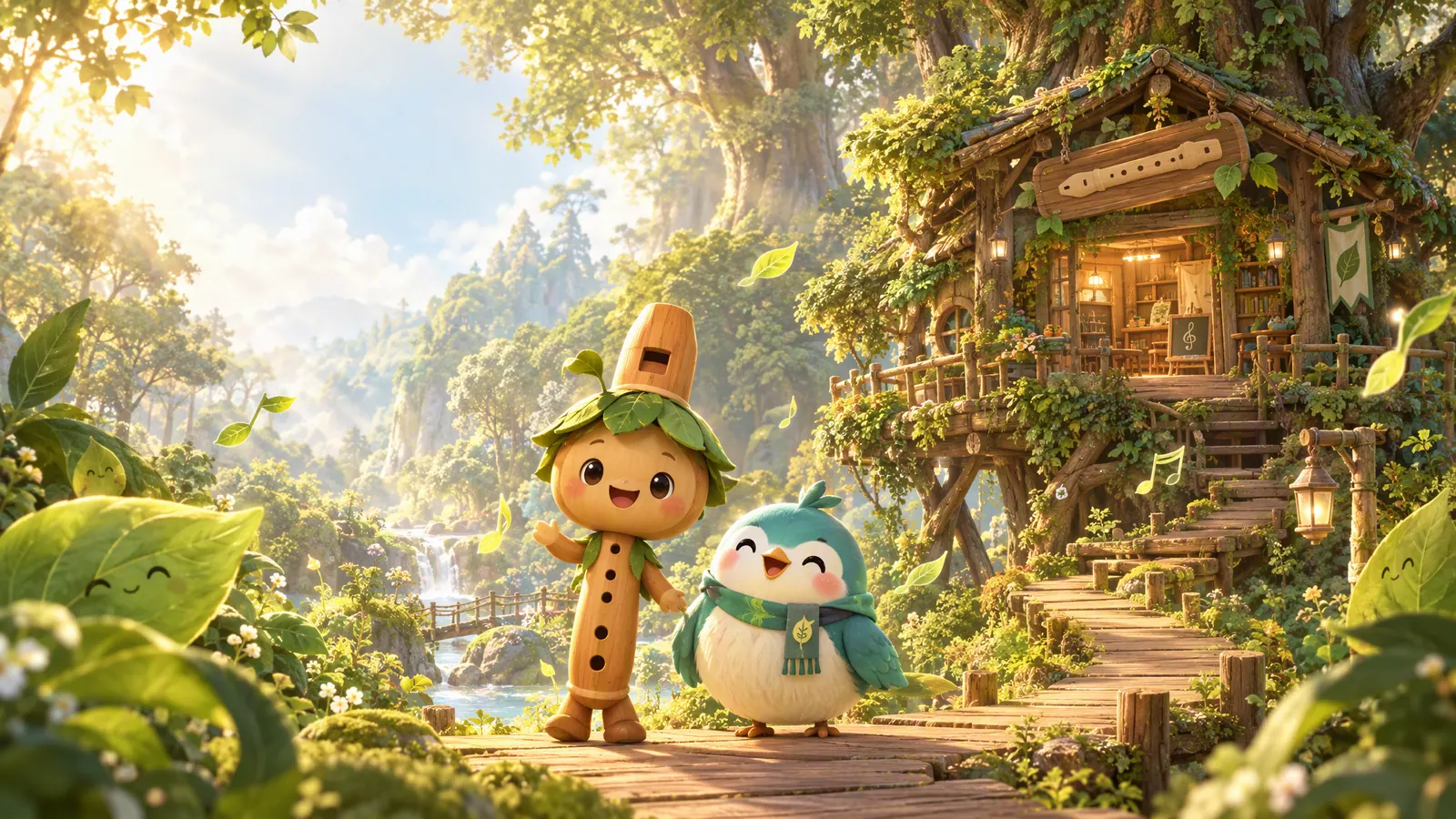 笛笛與多多在陽光灑落的音符森林裡，周圍飄著音符與葉子